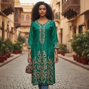 Emerald Green Embroidered Kurta Tunic | Gold Floral Formal Ethnic Dress | M